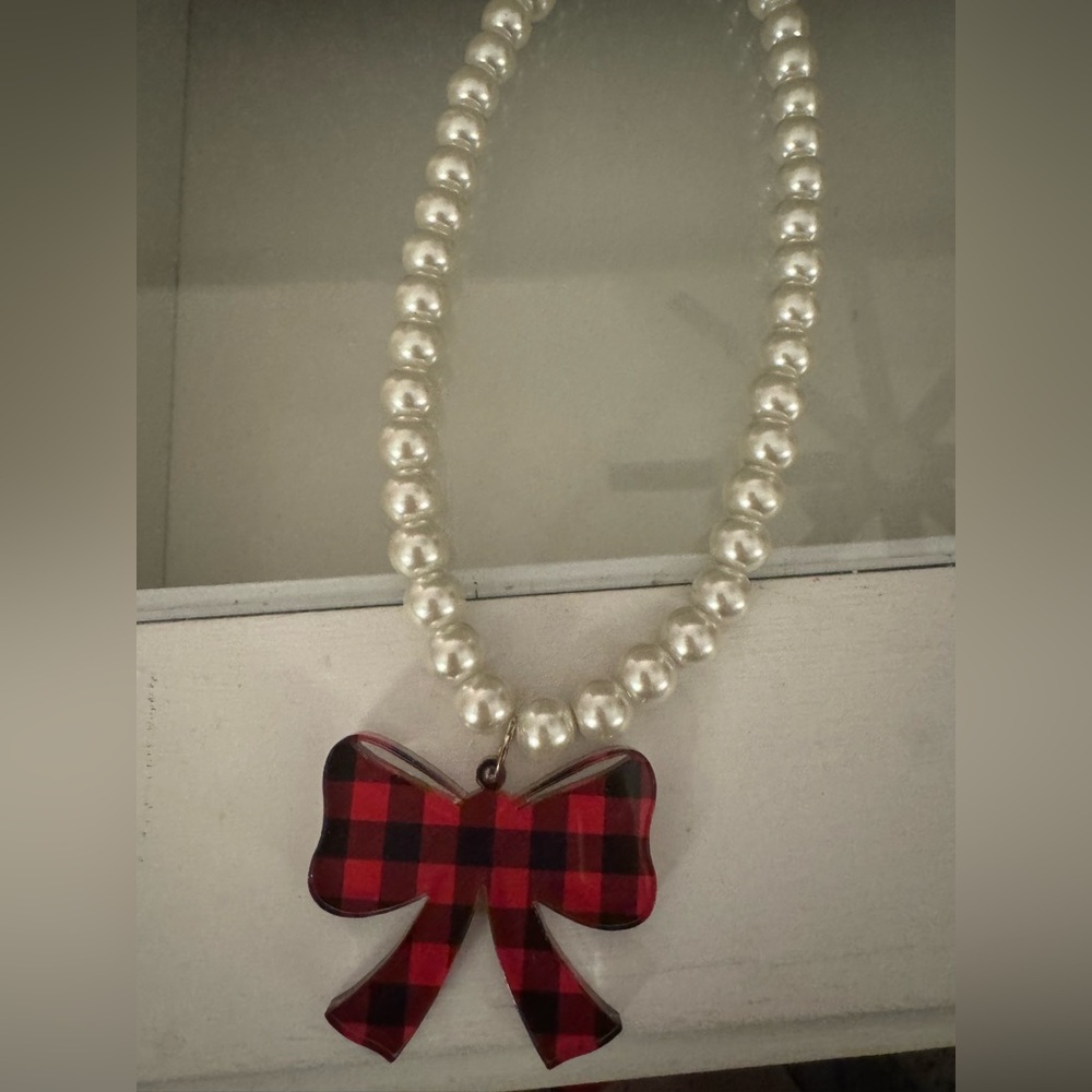 Pearl Necklace with Red Plaid Bow - New